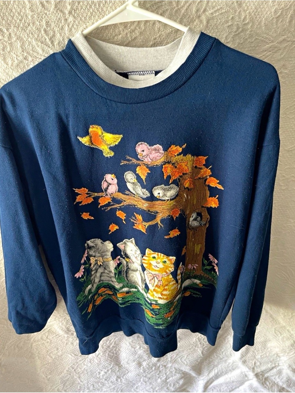 Vtg 90s Basic Editions Cat Sweatshirt Navy Blue Singing Lessons Birds Grandmacor